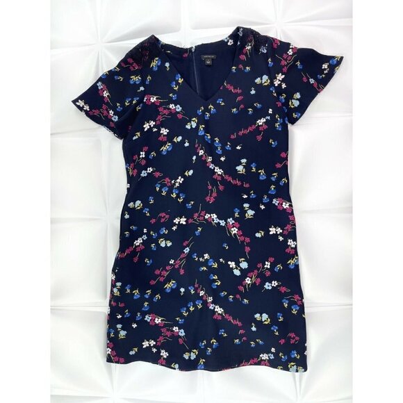 Ann Taylor Sz S Blue Floral Print V Neck Shift Dress Eyelash Lace Detail - Picture 1 of 7